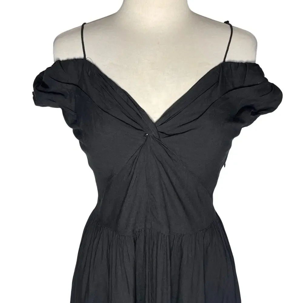 VINCE Black Linen Blend Twist Front Off the Shoulder Midi Dress size 4 - Picture 7 of 10